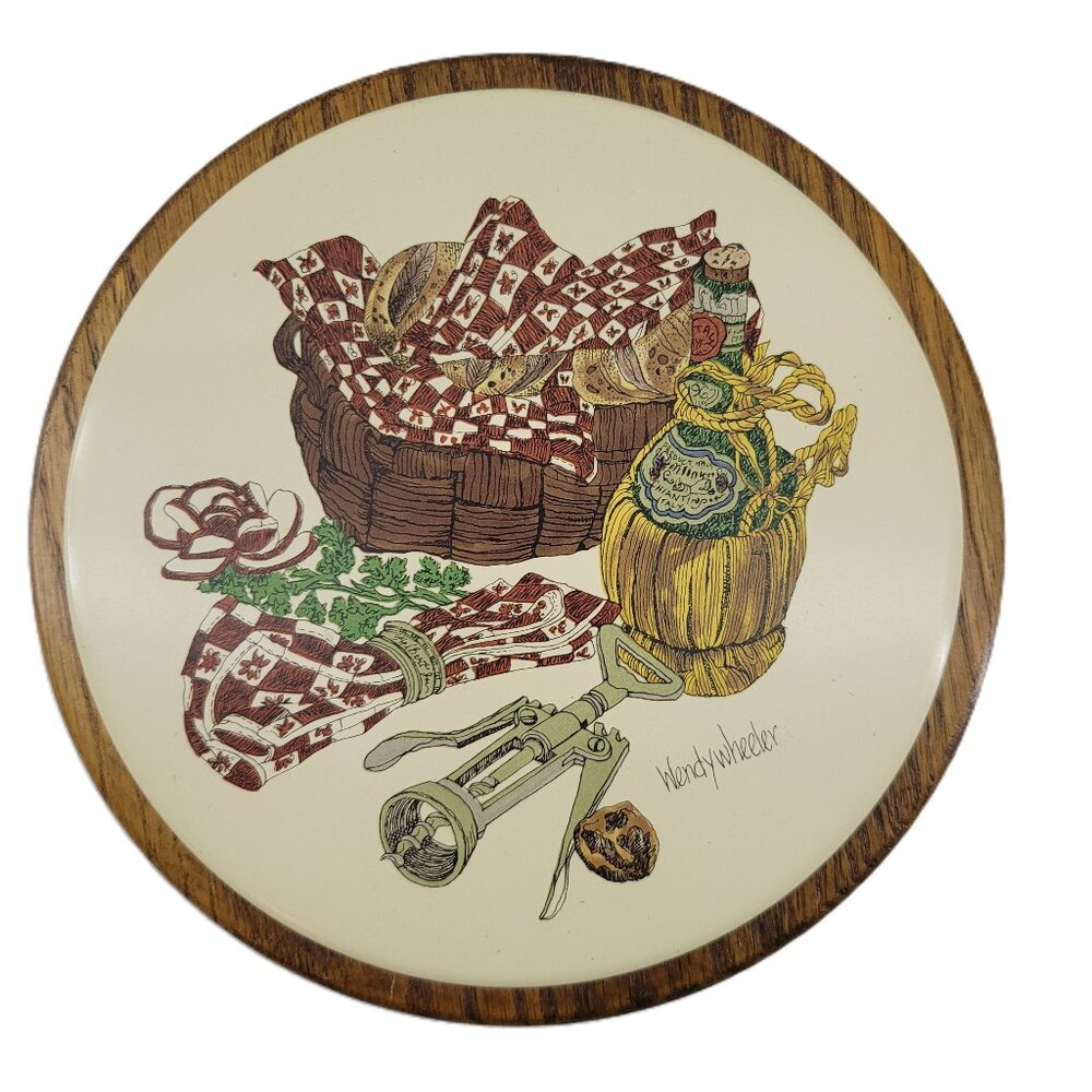 Vintage Wendy Wheeler Ceramic Trivet set on Oak Wood Wall Hanging Wine Picnic